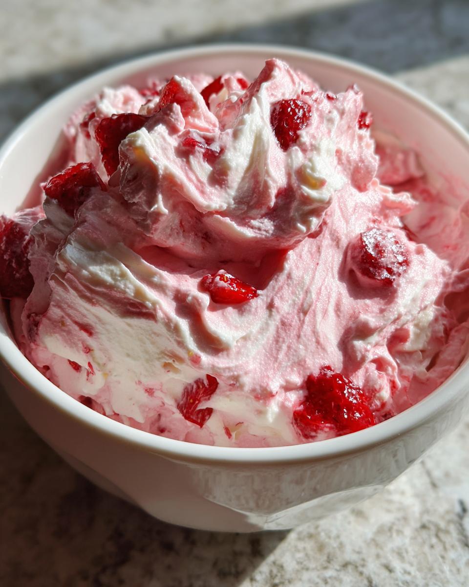 Close-up of creamy, swirled pink and white strawberry cheesecake dip topped with pieces of bright red strawberries.