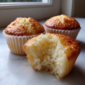 Close-up of a fluffy vanilla cupcake with a bite taken out, showing the moist crumb texture.