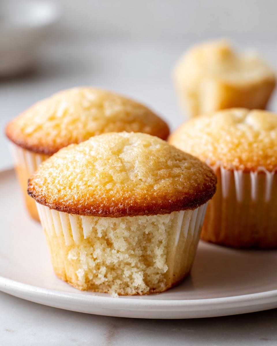 Close-up of fluffy vanilla cupcakes on a plate, one with a bite taken out showing the moist crumb.