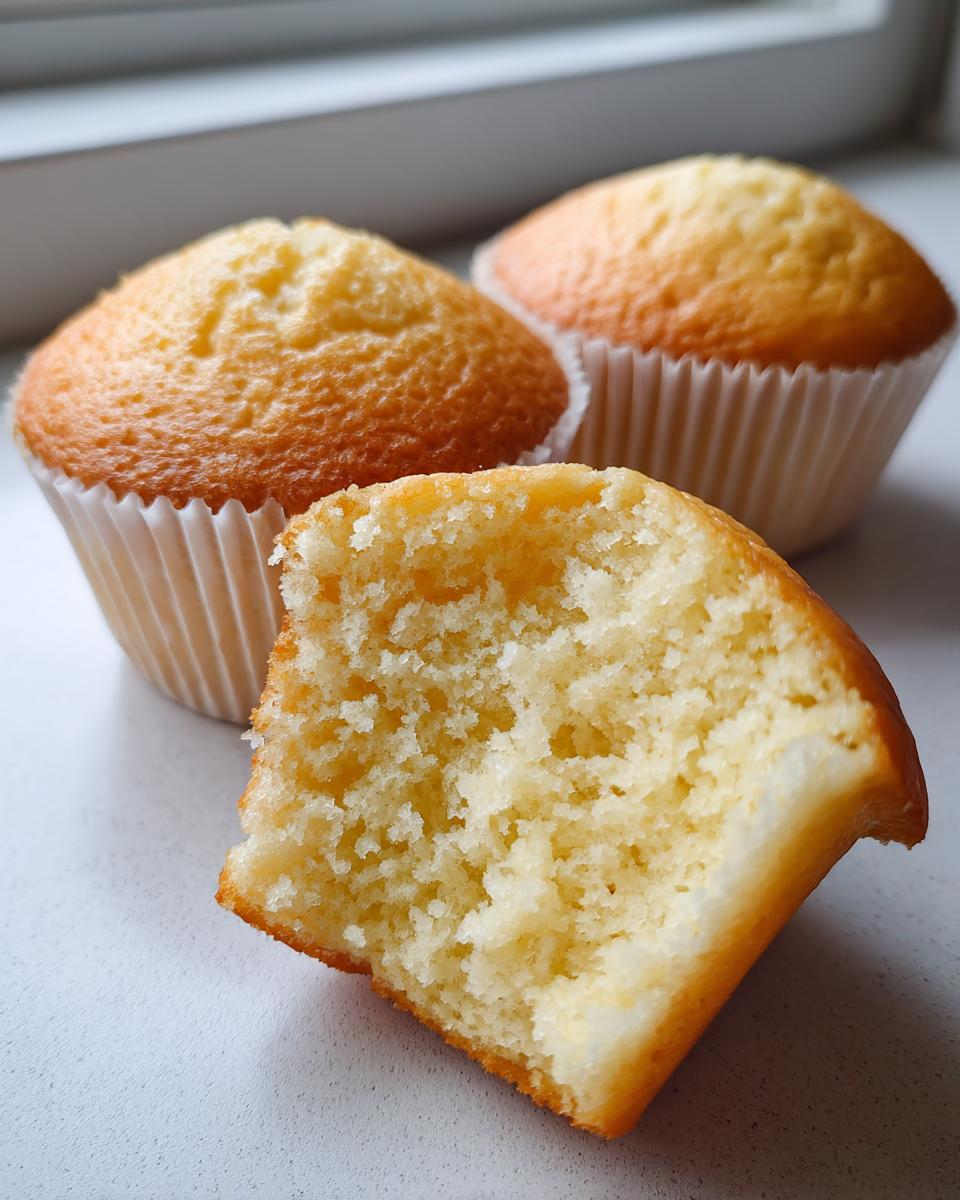 Close-up of a fluffy vanilla cupcake cut in half showing the moist crumb texture, with two whole vanilla cupcakes in the background.