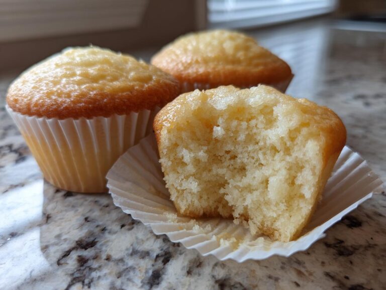 Close-up of fluffy vanilla cupcakes, one bitten into to show the moist, light interior crumb texture.