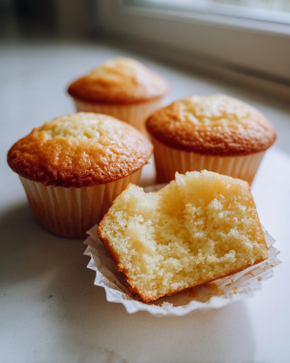 Close-up of a vanilla cupcake broken in half showing its fluffy interior next to three whole vanilla cupcakes.