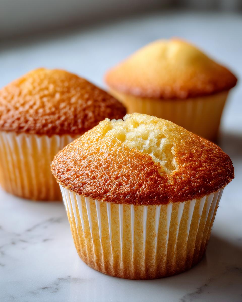 Close-up of three freshly baked, unfrosted vanilla cupcakes with golden-brown tops.