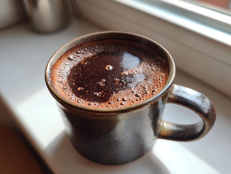Close-up of rich, dark French hot chocolate with foam resting on a sunny windowsill.