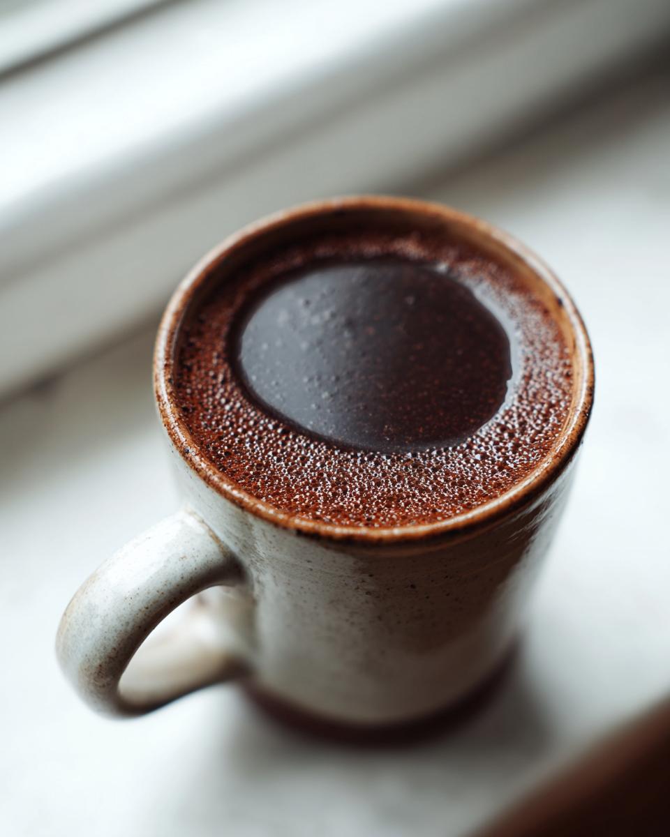 Overhead close-up of rich, dark french hot chocolate with a slight foam layer in a speckled ceramic mug.