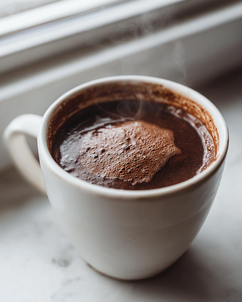 Close-up of rich, dark French hot chocolate steaming in a white mug by a window.