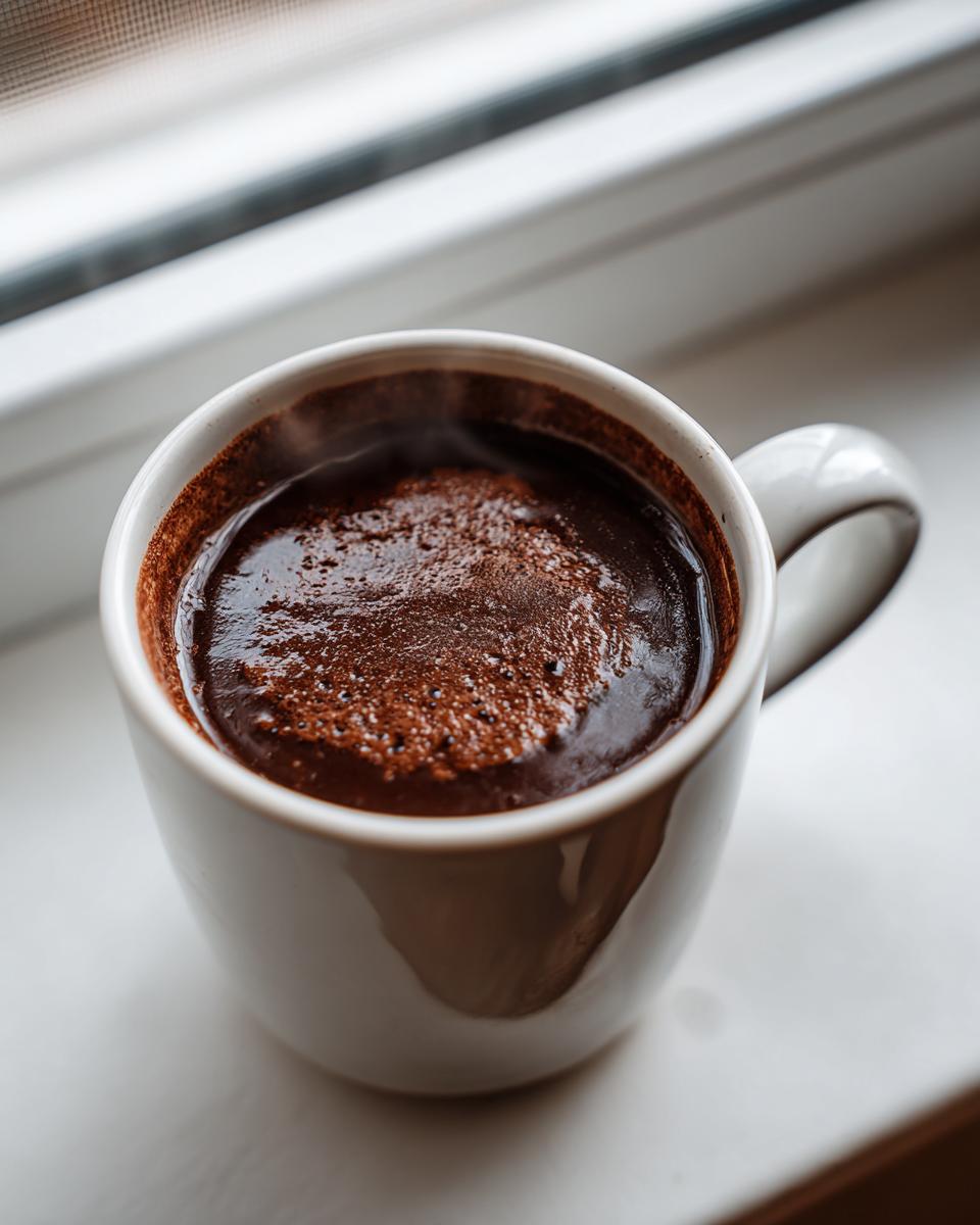 Close-up of steaming, rich french hot chocolate in a white mug resting on a windowsill.