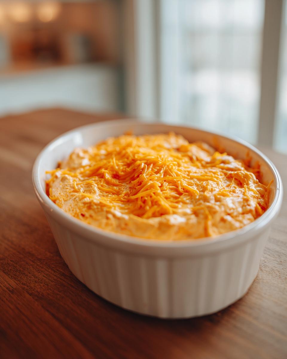 A close-up of a creamy, orange-colored boat dip topped generously with shredded cheddar cheese in a white baking dish.