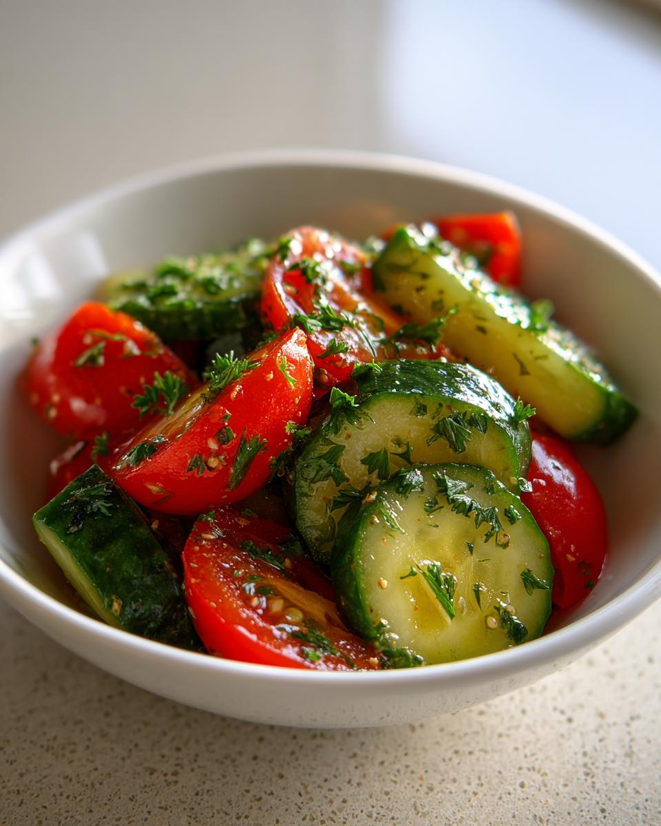 Close-up of a vibrant cucumber tomato salad tossed with herbs and dressing in a white bowl.
