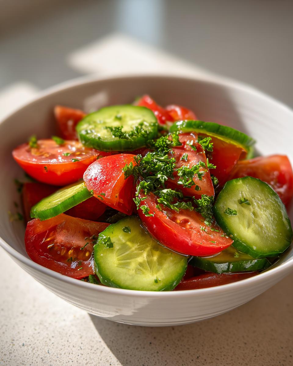 Close-up of a vibrant cucumber tomato salad, garnished with fresh parsley, served in a white bowl.