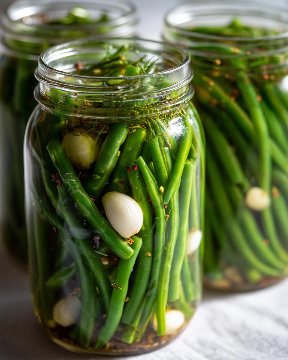 Close-up of bright green dilly beans packed tightly in a glass jar with garlic cloves and dill.