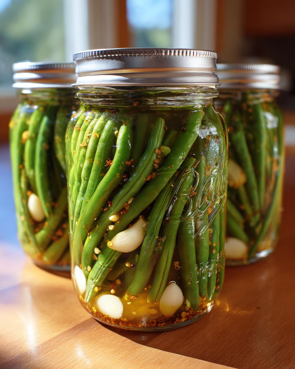 Three glass jars filled with fresh green beans, garlic cloves, and spices for making dilly beans.