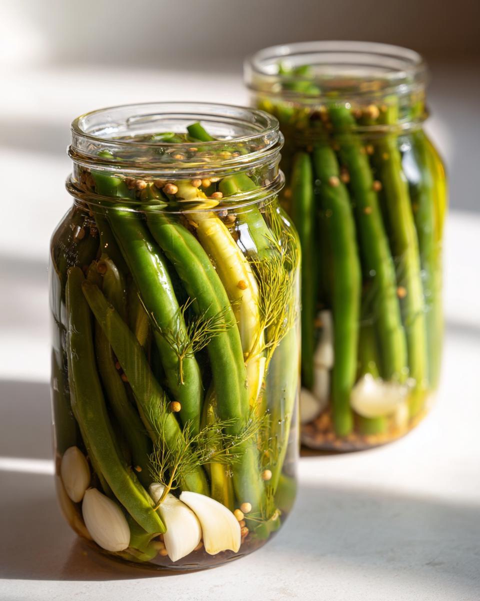 Two glass jars filled with fresh green beans, garlic cloves, dill sprigs, and spices, ready to be made into dilly beans.