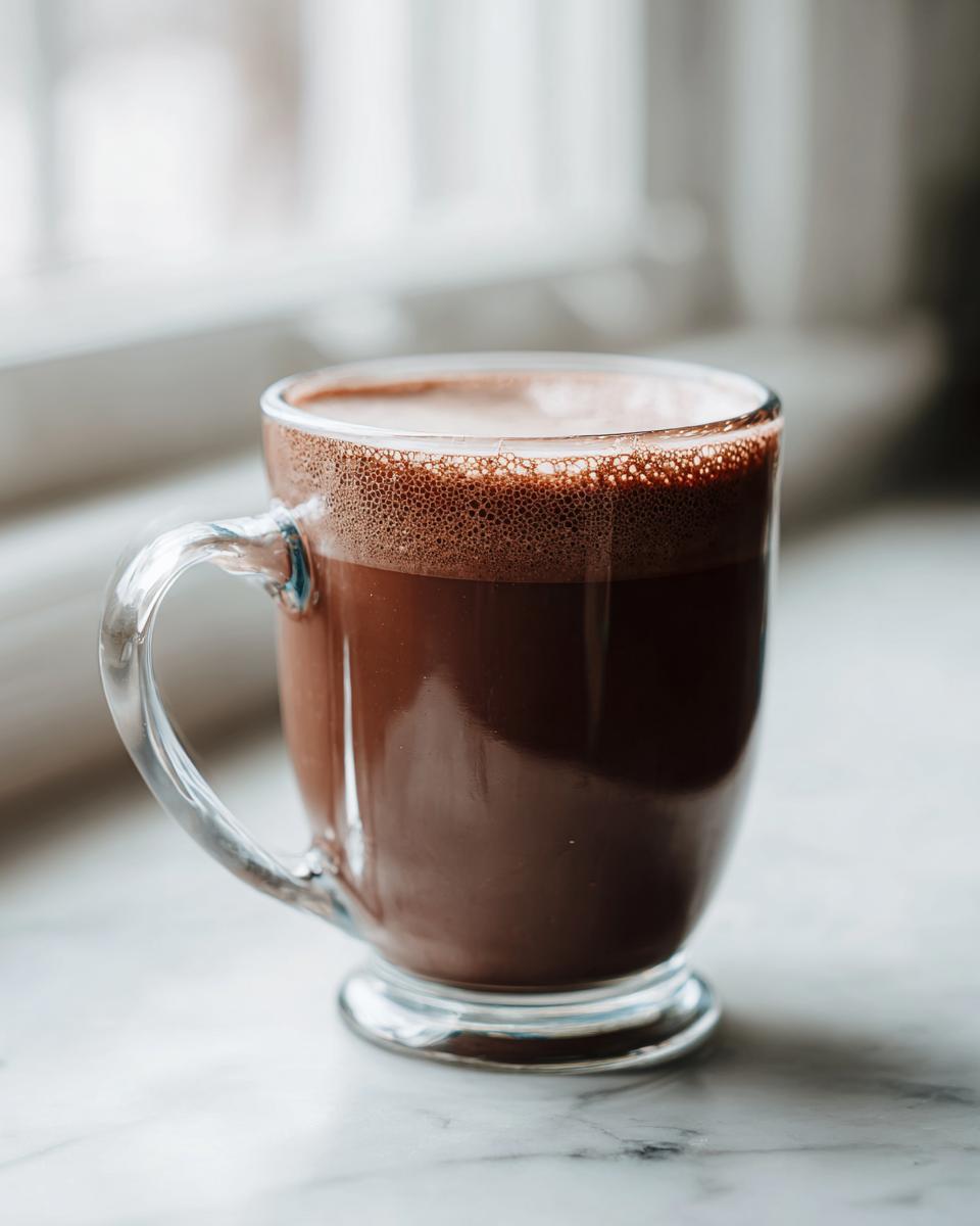 A clear glass mug filled with rich, frothy hot cocoa mix sitting on a white marble surface near a window.