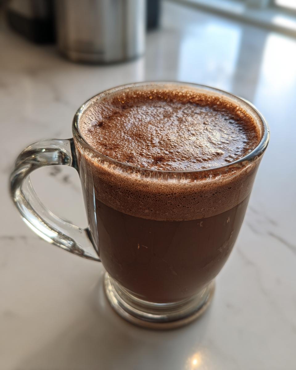 Close-up of a clear glass mug filled with rich, foamy hot cocoa mix resting on a white marble surface.