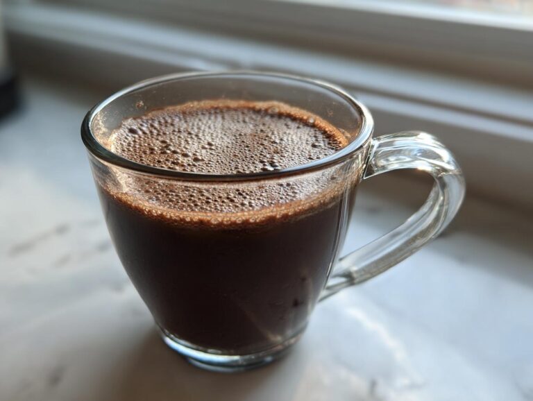 A clear glass mug filled with rich, dark hot cocoa mix topped with a light layer of foam.