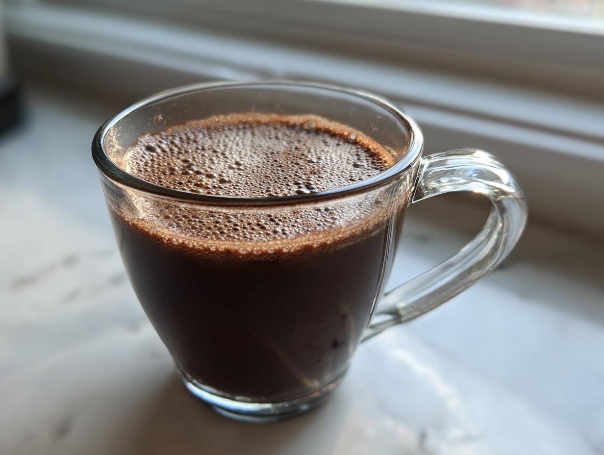 A clear glass mug filled with rich, dark hot cocoa mix topped with a light layer of foam.