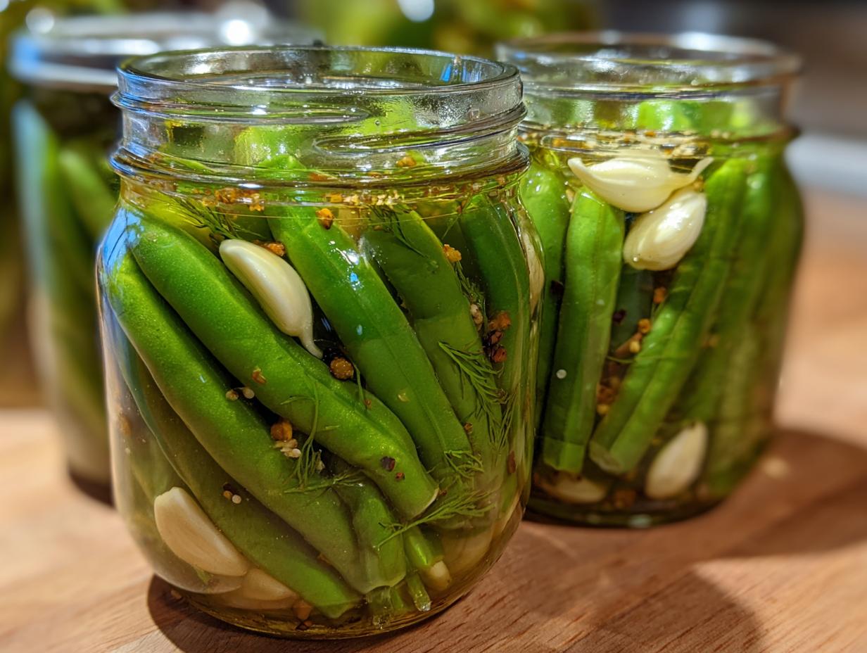 Close-up of two glass jars filled with bright green dilly beans, garlic cloves, dill sprigs, and pickling spices.