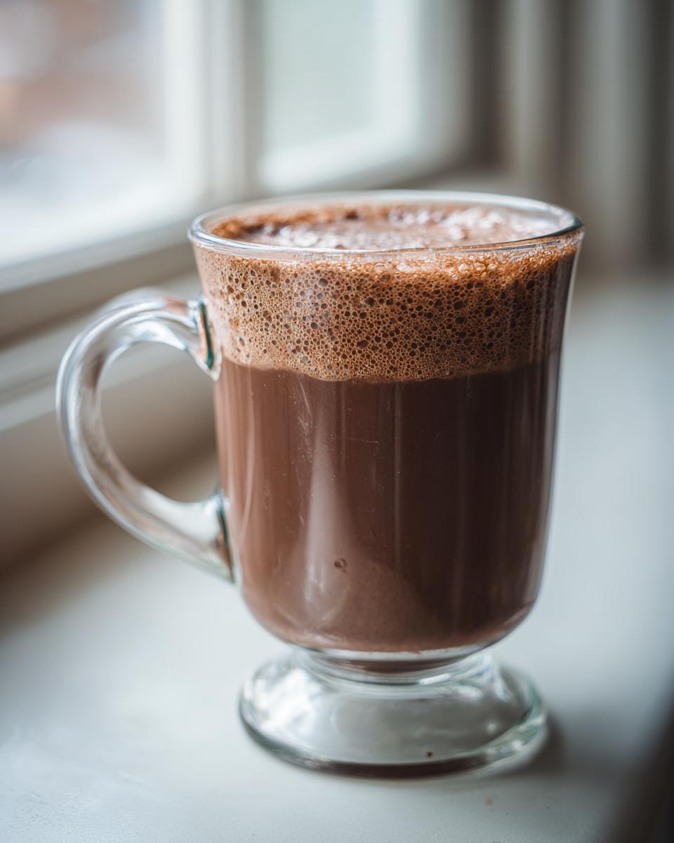 A clear glass mug filled with rich, dark hot cocoa mix topped with thick foam, sitting on a windowsill.