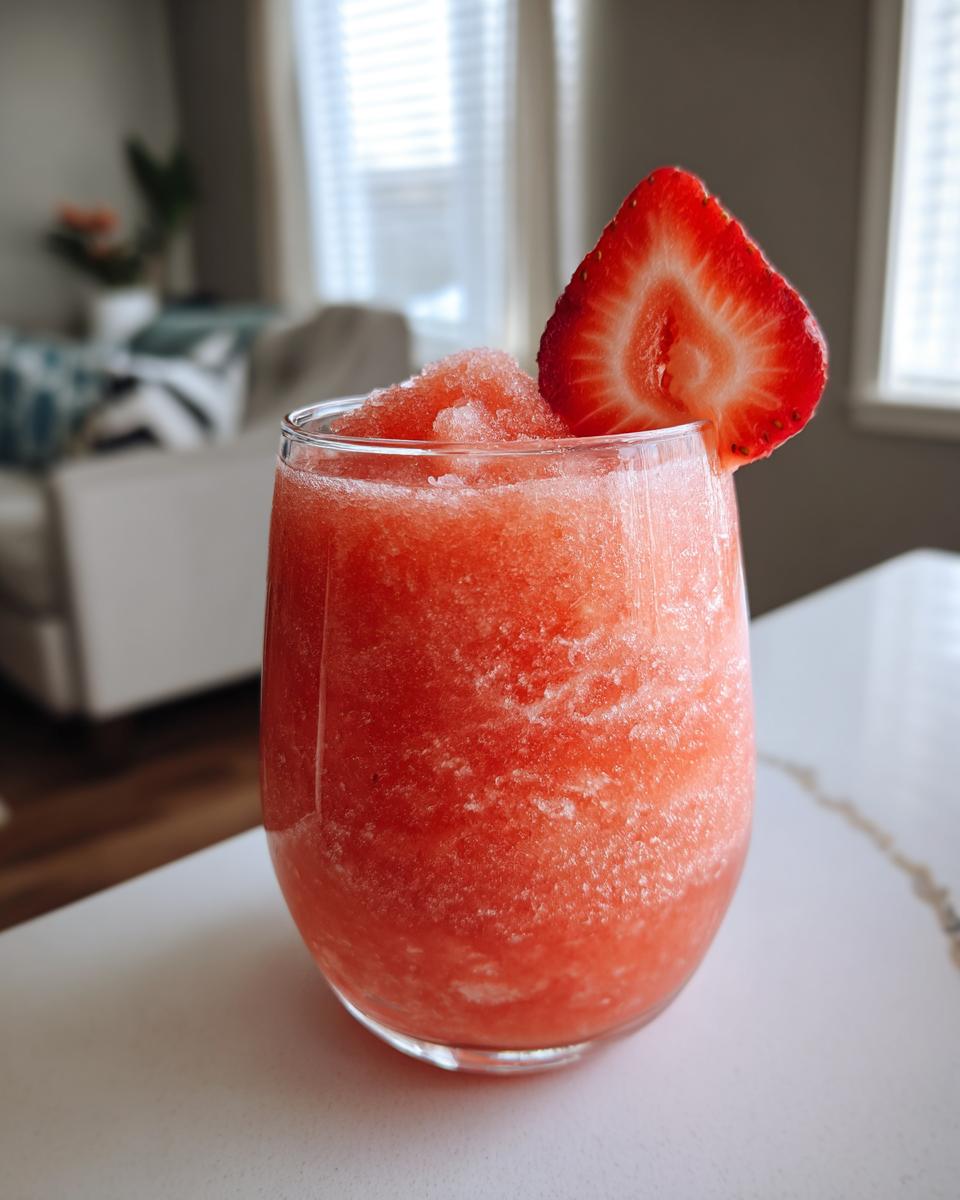 A close-up of a vibrant, icy strawberry daiquiri garnished with a fresh strawberry slice.