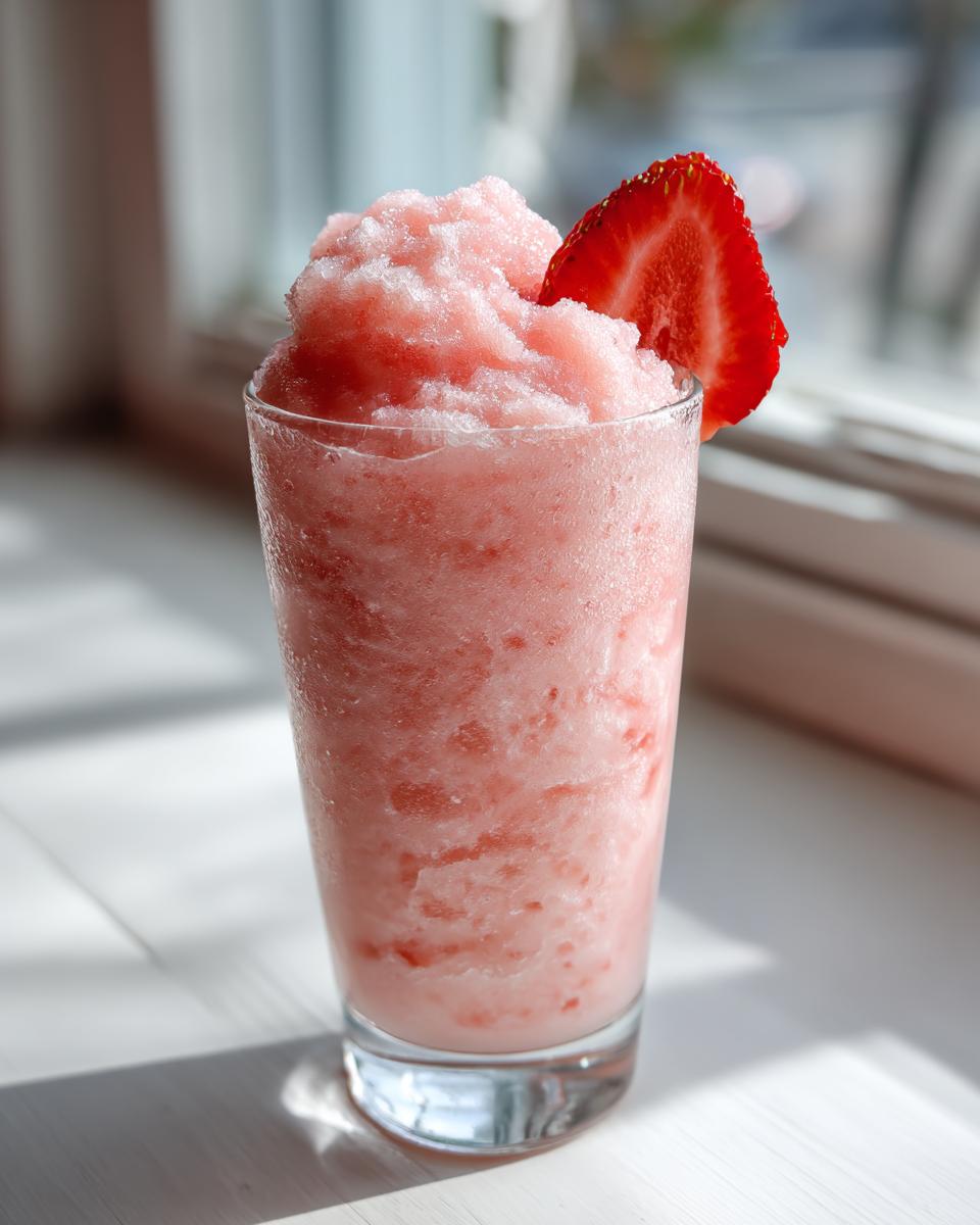 A tall glass filled with a frosty, pink strawberry daiquiri, garnished with a fresh strawberry slice.