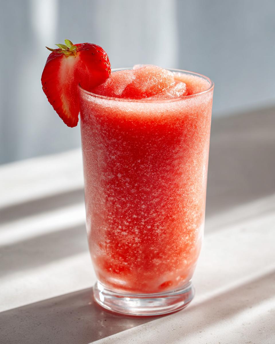 A tall glass filled with a vibrant, frozen strawberry daiquiri, garnished with a fresh strawberry slice.