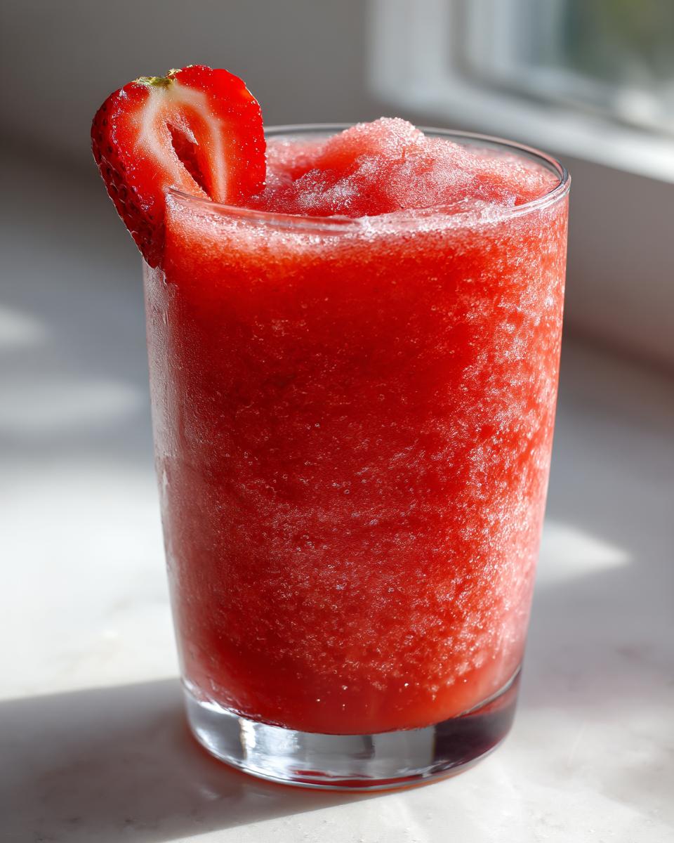 Close-up of a tall glass filled with bright red, icy strawberry daiquiri, garnished with a fresh strawberry slice.