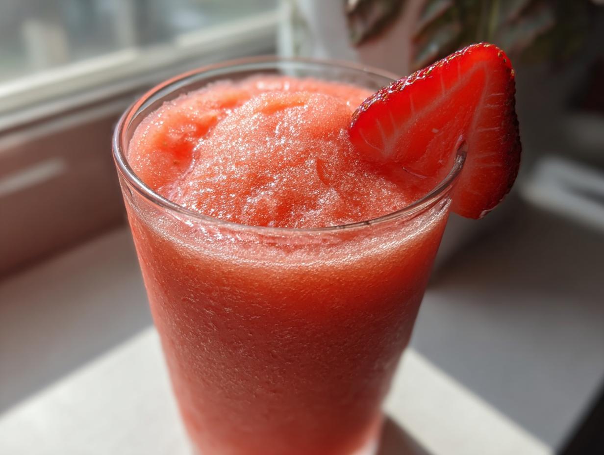 Close-up of a vibrant, icy strawberry daiquiri garnished with a fresh strawberry slice.