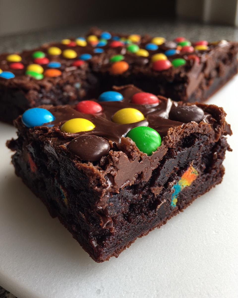 Close-up of a fudgy slice of cosmic brownies topped with chocolate frosting and colorful candy-coated chocolates.