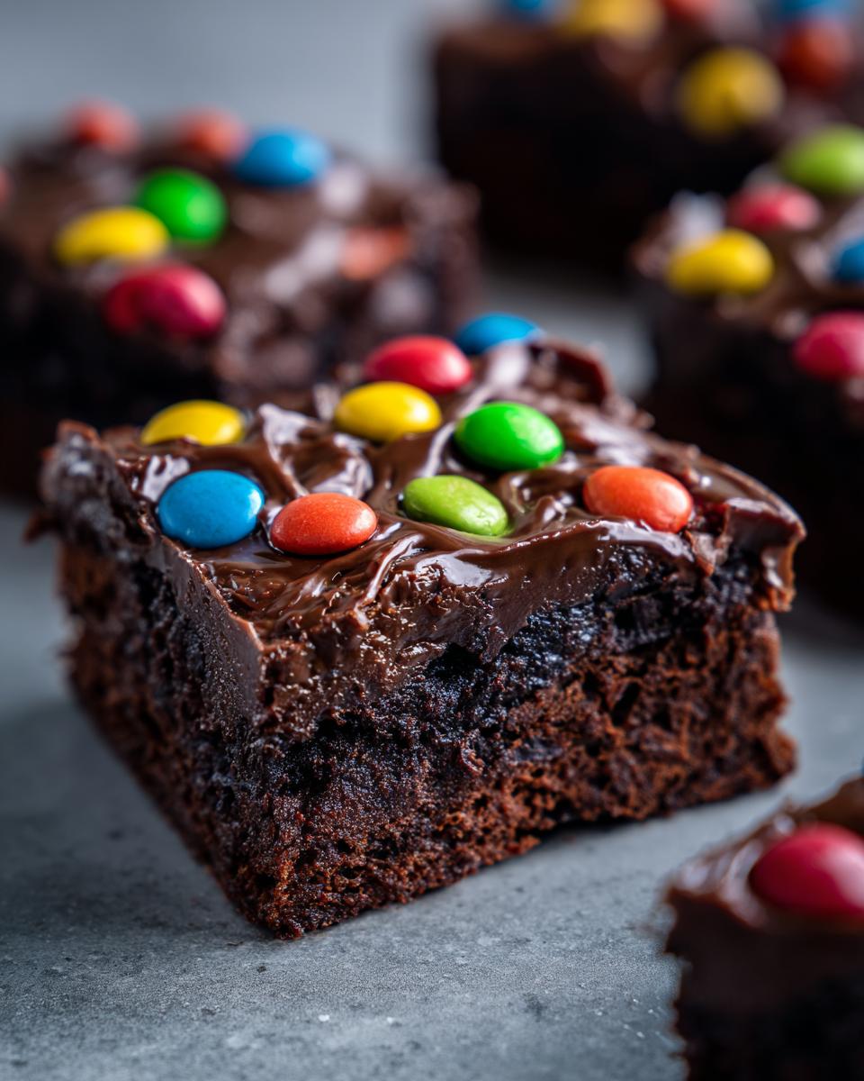 Close-up of a fudgy cosmic brownies square topped with thick chocolate frosting and colorful candy-coated chocolates.