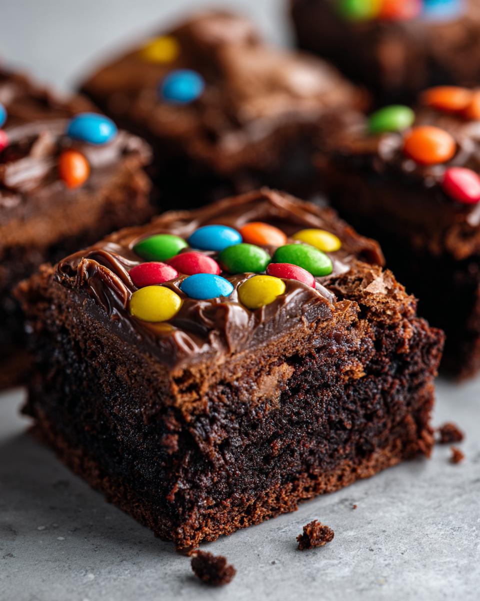 Close-up of a fudgy slice of cosmic brownies topped with chocolate frosting and colorful candy pieces.