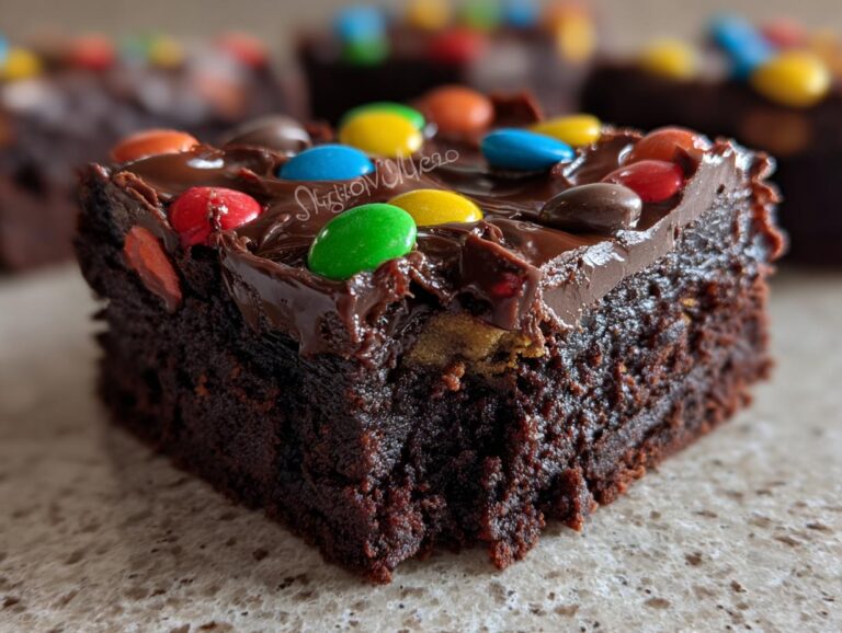 Close-up of a fudgy cosmic brownie slice topped with chocolate frosting and colorful candy pieces.