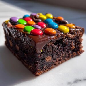 Close-up of a fudgy cosmic brownie square topped with thick chocolate glaze and vibrant candy-coated chocolates.