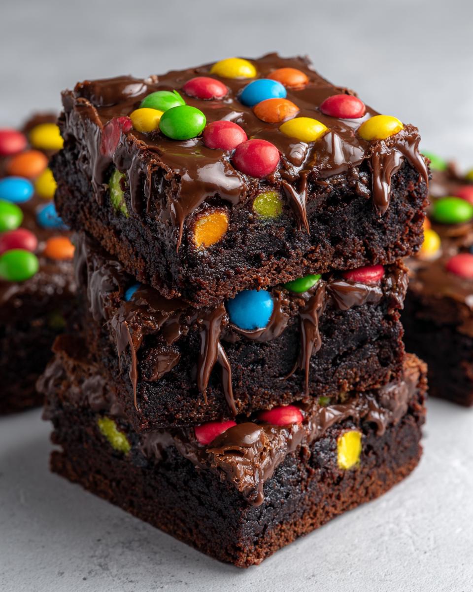 A tall stack of three fudgy cosmic brownies topped with melted chocolate glaze and colorful candy-coated chocolates.