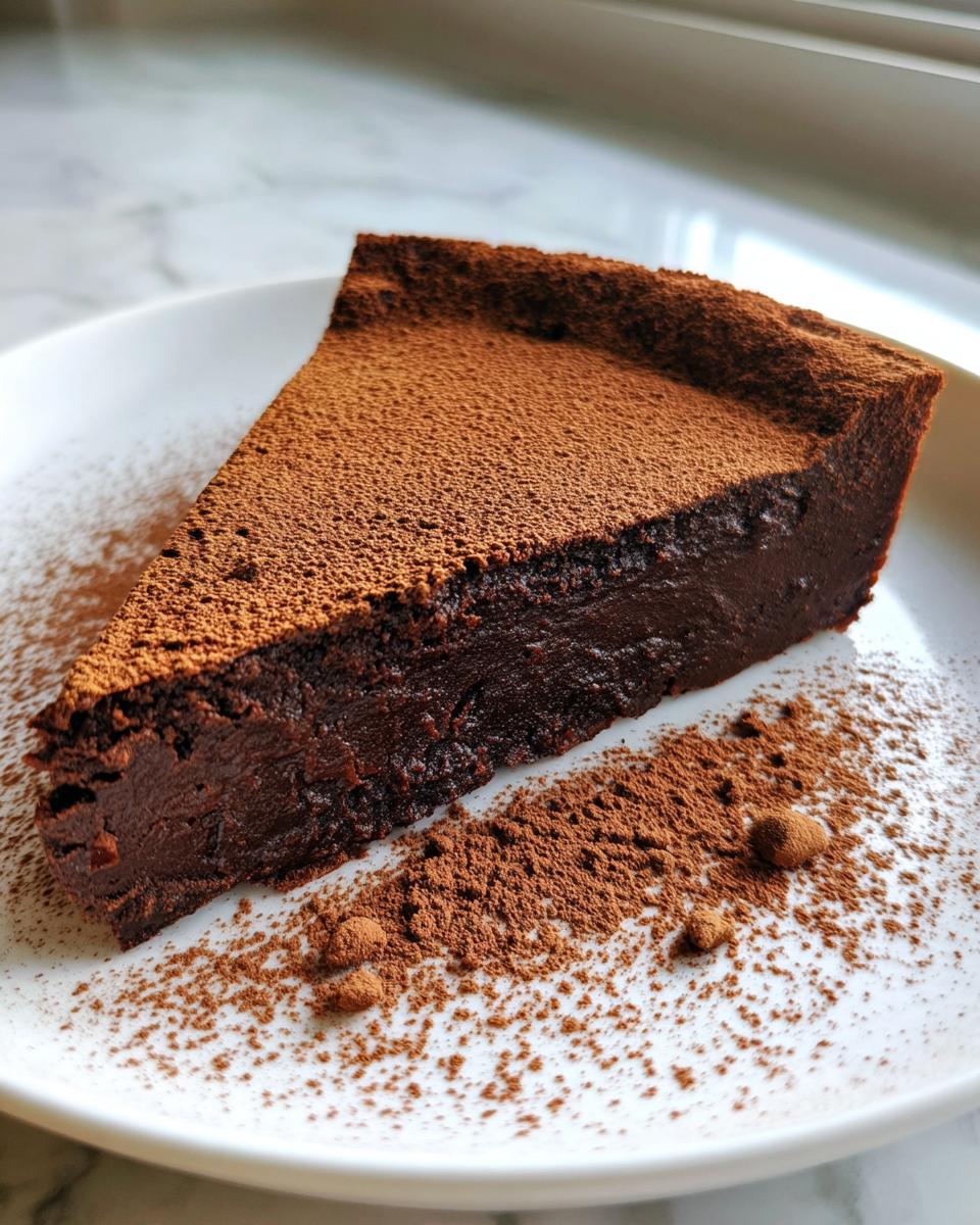 A rich, fudgy slice of flourless chocolate torte dusted heavily with cocoa powder on a white plate.