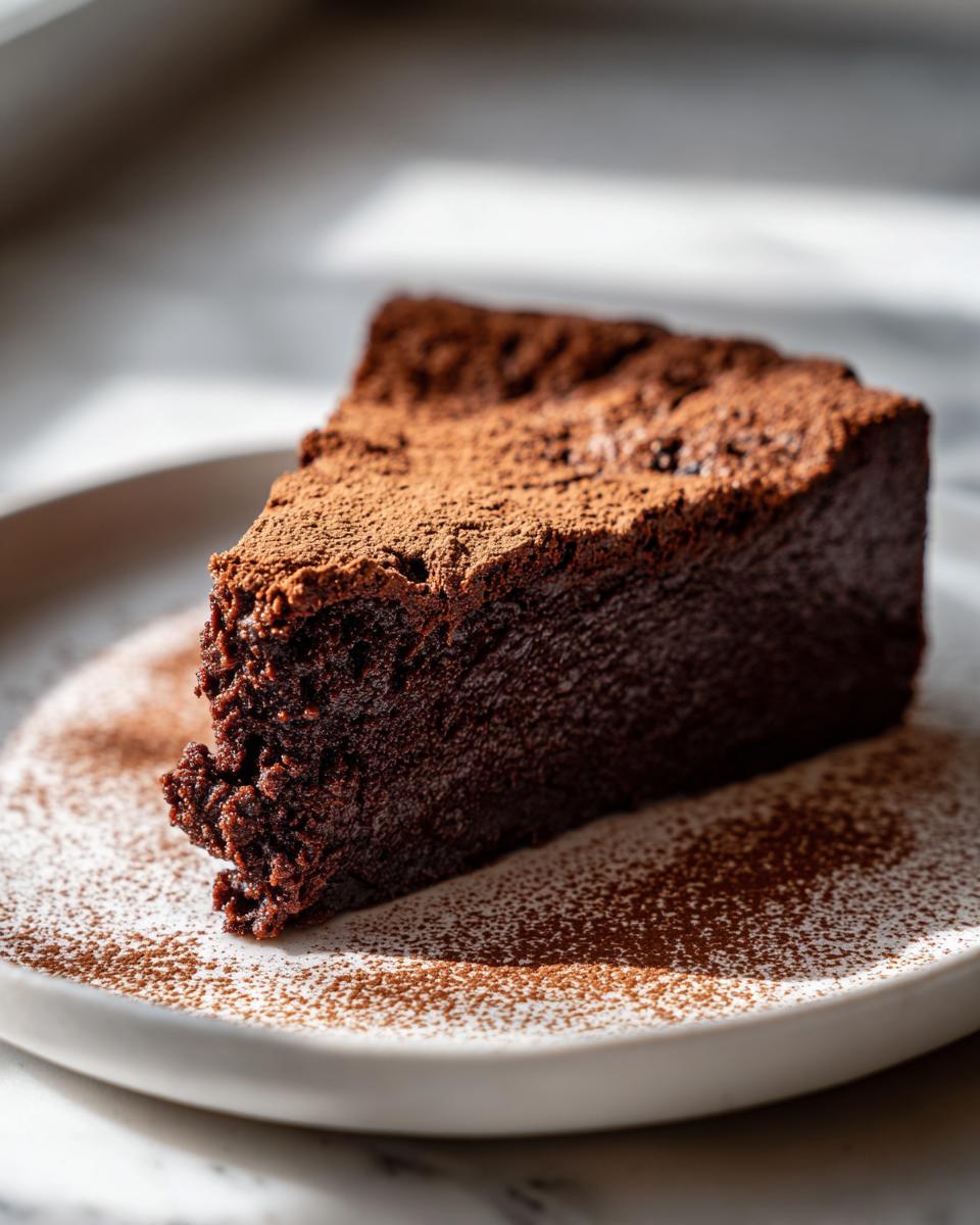 A rich, dark slice of flourless chocolate torte dusted heavily with cocoa powder, served on a white plate.