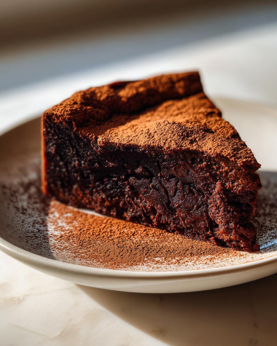 A close-up of a thick slice of fudgy flourless chocolate torte dusted heavily with cocoa powder.
