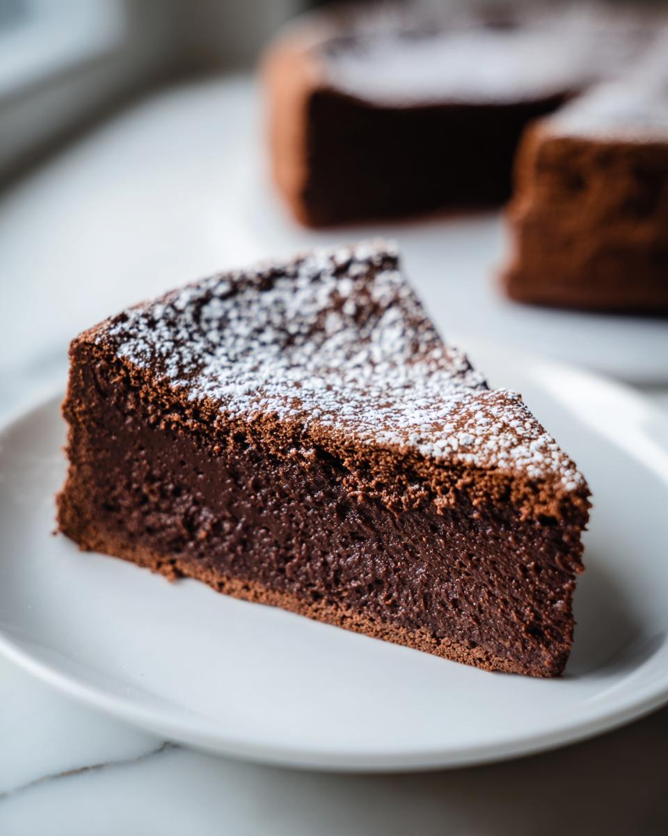 A rich, fudgy slice of flourless chocolate torte dusted with powdered sugar on a white plate.