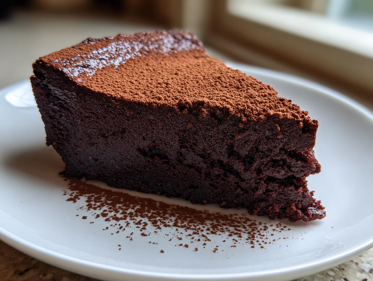 A rich, dark slice of flourless chocolate torte dusted heavily with cocoa powder, served on a white plate.