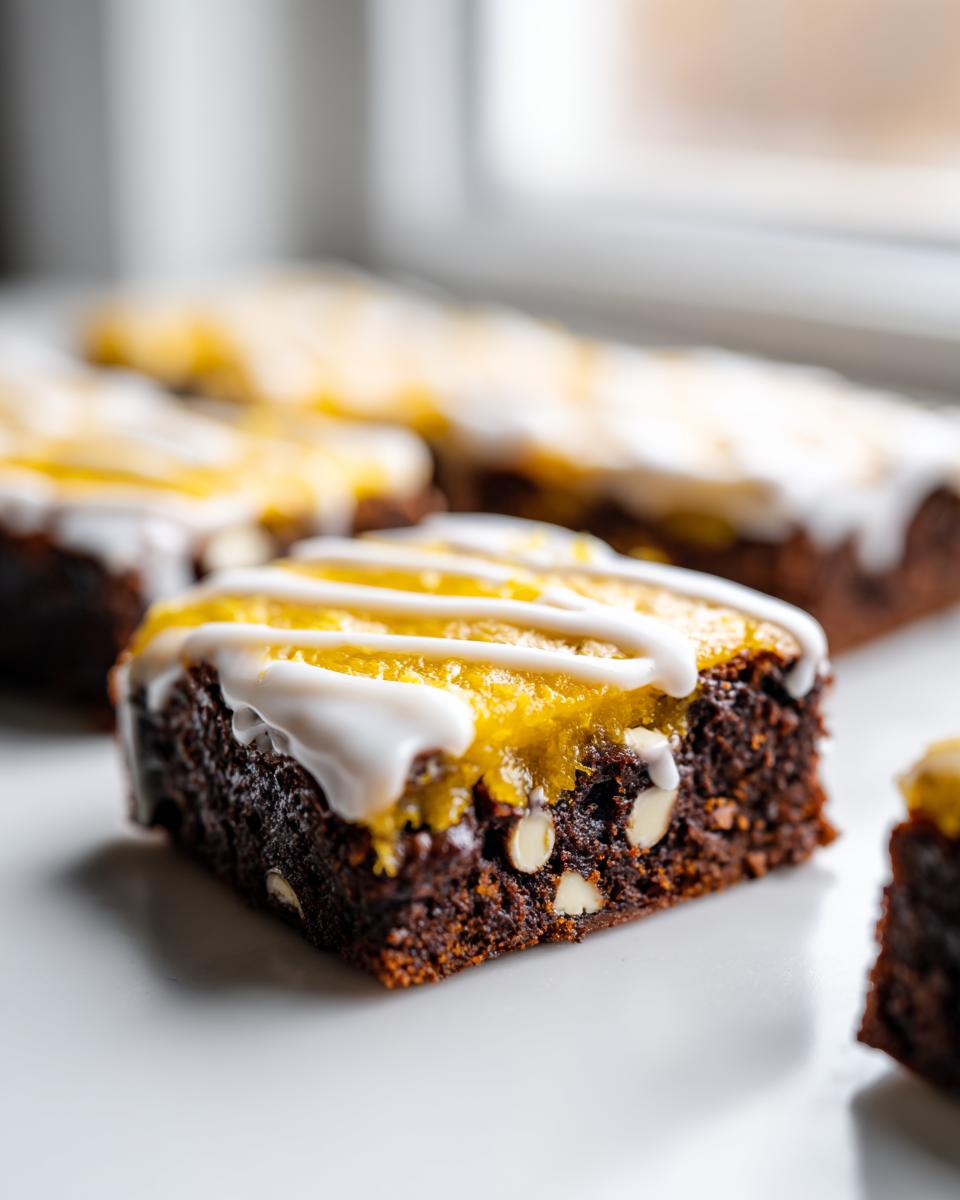 A close-up of a fudgy lemon brownie square topped with bright yellow lemon curd and drizzled with white icing.
