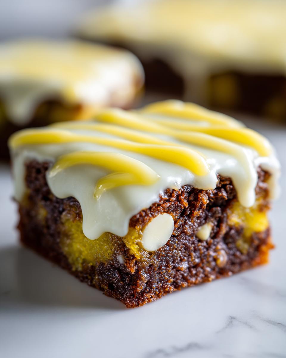 A close-up of a fudgy lemon brownie square topped with white icing and a bright yellow lemon drizzle.