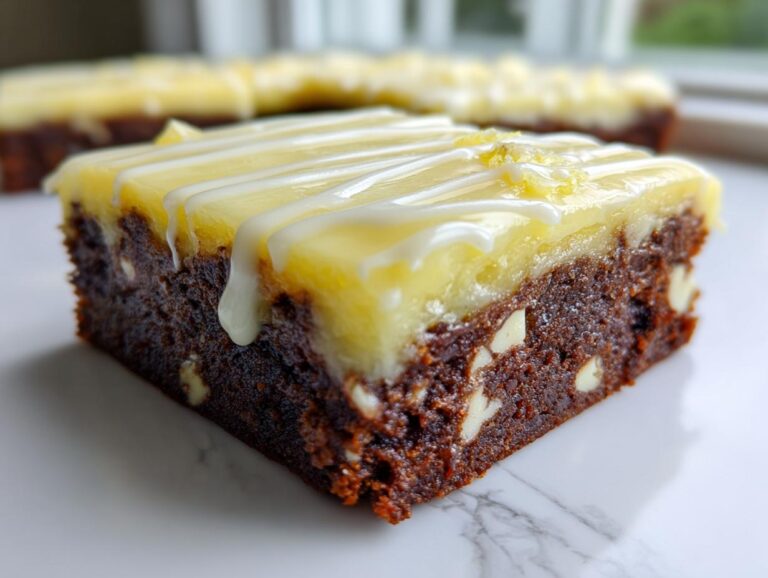 Close-up of a fudgy lemon brownie square with a thick yellow lemon layer and white icing drizzle.