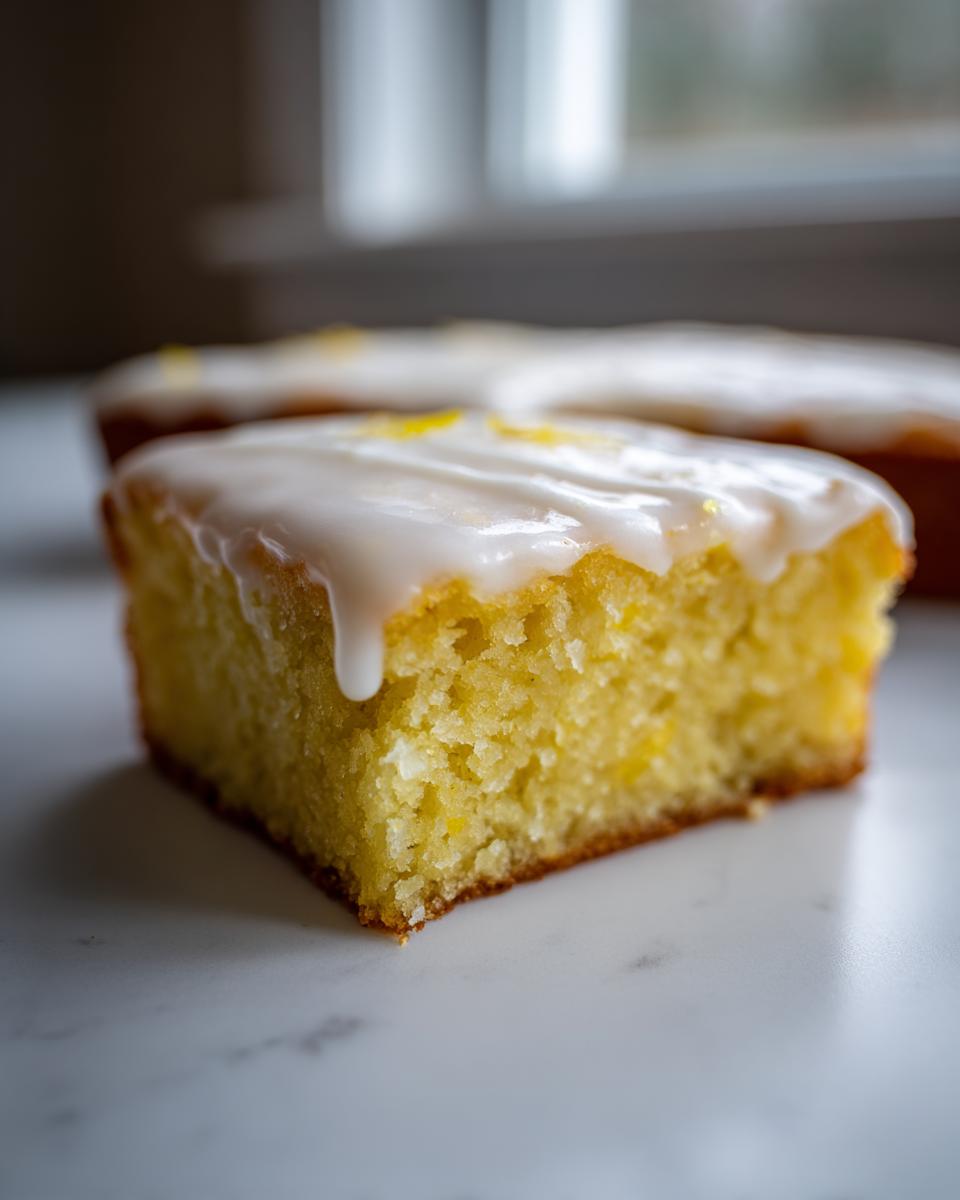 A close-up of a fudgy lemon brownies square topped with thick white lemon glaze and zest.