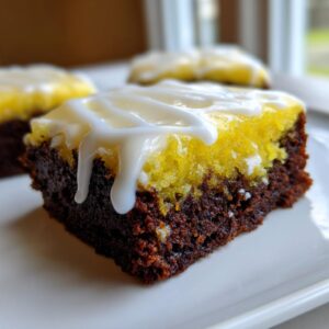 Close-up of a fudgy lemon brownies square showing the dark chocolate base, bright yellow lemon layer, and white drizzle icing.
