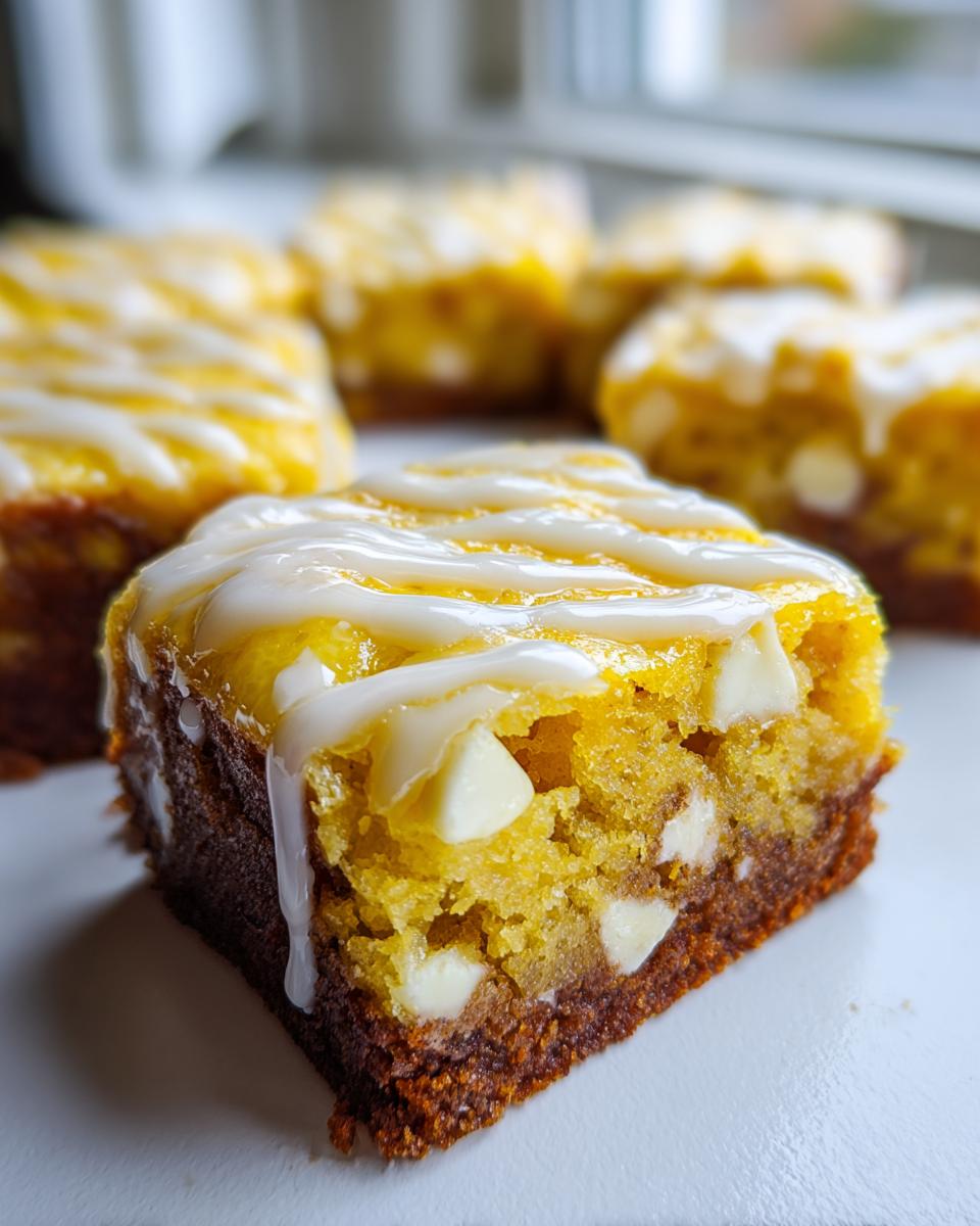 A close-up of a fudgy lemon brownie square topped with white chocolate chips and a drizzle of lemon glaze.
