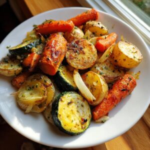 A close-up of perfectly roasted Garlic Herb Roasted Veggies including potatoes, carrots, zucchini, and onions on a white plate.