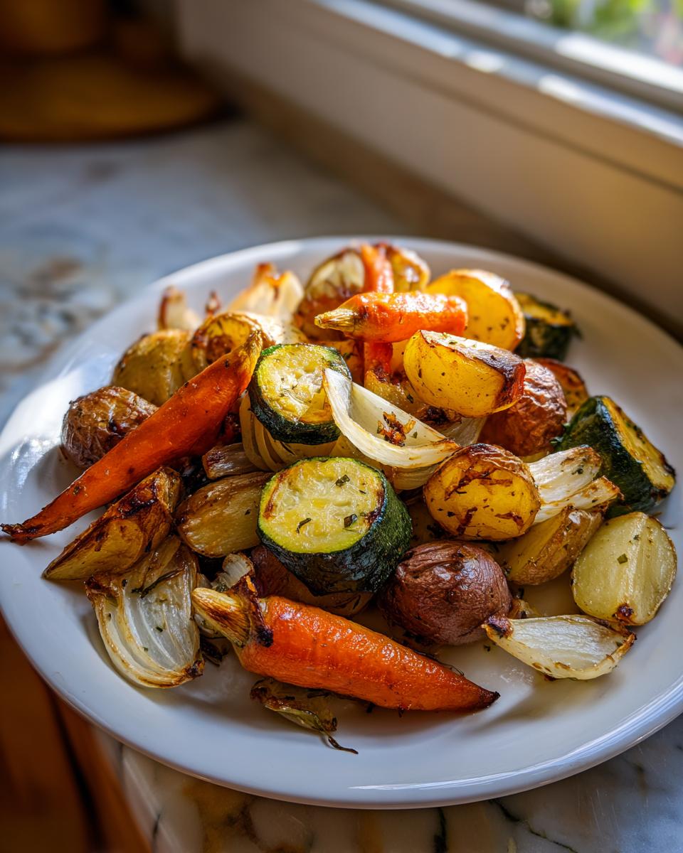 A white plate piled high with beautifully caramelized Garlic Herb Roasted Veggies, including carrots, zucchini, potatoes, and onions.