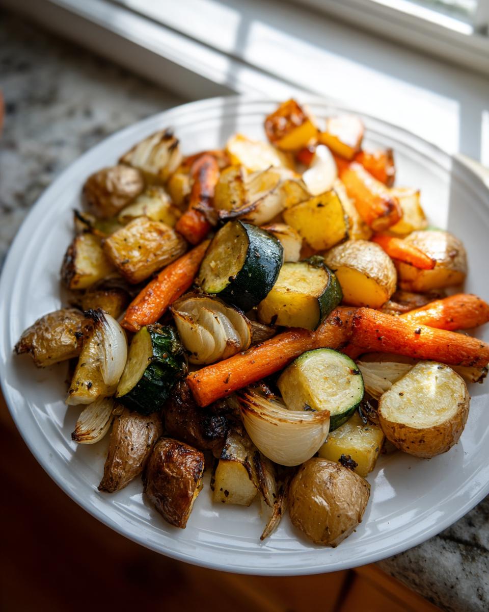 A close-up of perfectly caramelized Garlic Herb Roasted Veggies, including potatoes, carrots, zucchini, and onions, served on a white plate.