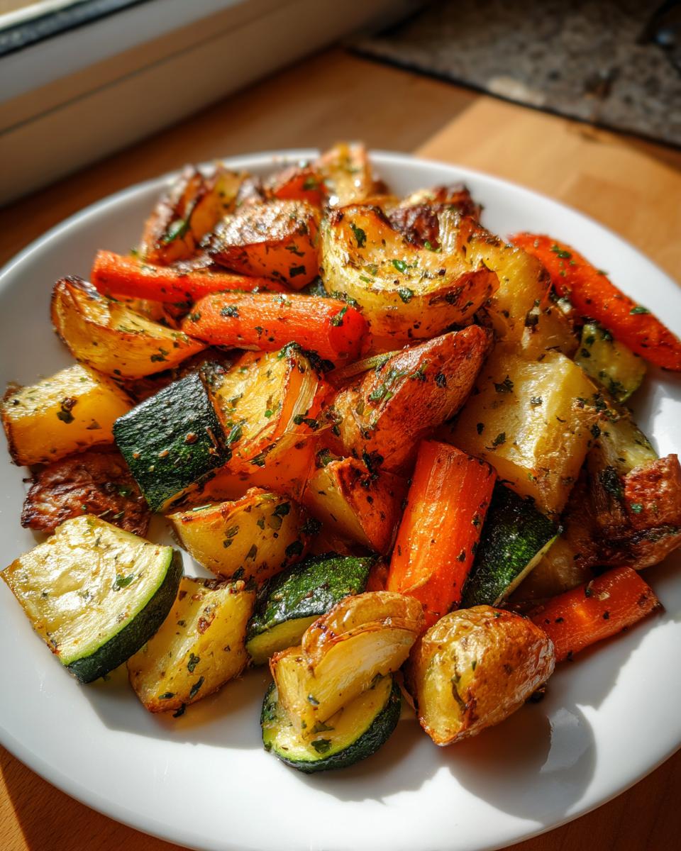 A close-up of perfectly roasted Garlic Herb Roasted Veggies including potatoes, carrots, and zucchini, seasoned with herbs.