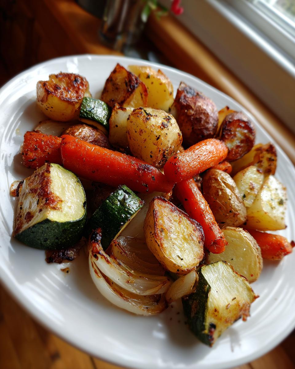 A white plate piled high with golden brown Garlic Herb Roasted Veggies, including potatoes, carrots, zucchini, and onions.